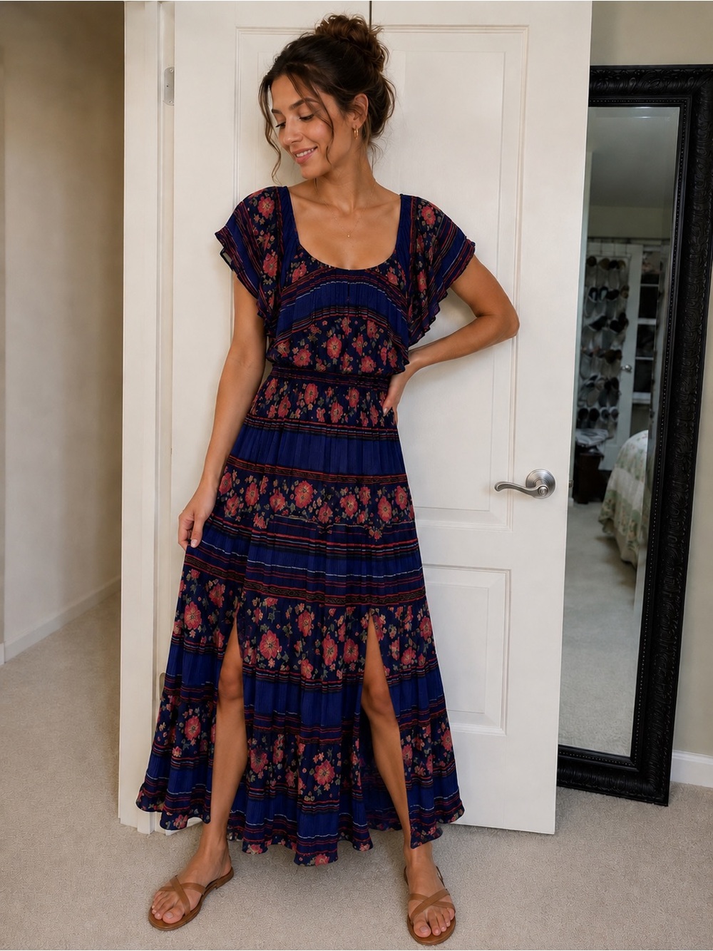 Democracy Navy Floral Tiered Maxi Dress with Dual Slits